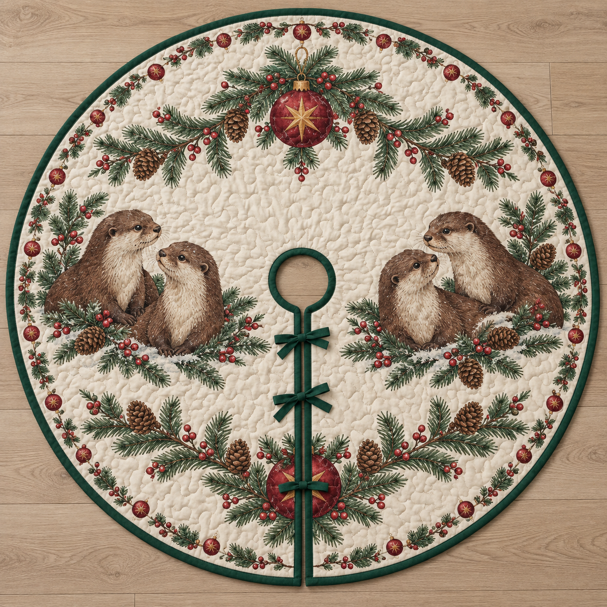 One ivory quilted tree skirt with four printed otters, cranberry star baubles, fir garlands, green binding, central opening and three ties