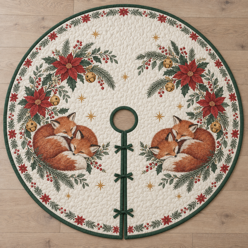 One ivory quilted tree skirt with two printed curled fox pairs, poinsettia crescents and bells, green binding, central opening and three ties