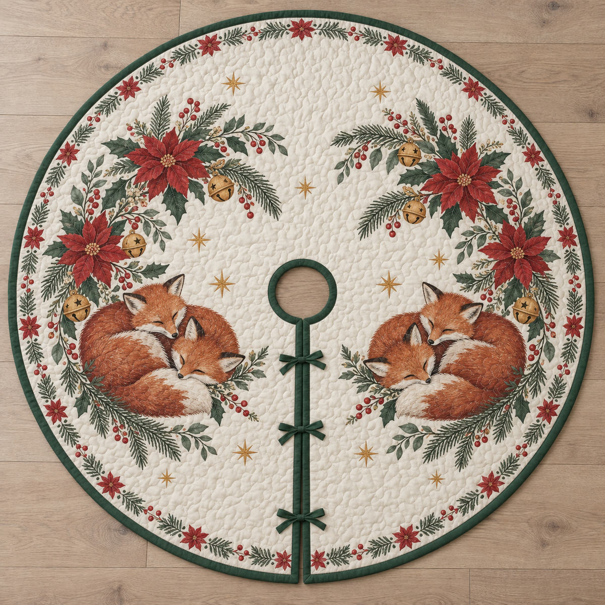 One ivory quilted tree skirt with two printed curled fox pairs, poinsettia crescents and bells, green binding, central opening and three ties