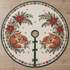 One ivory quilted tree skirt with two printed curled fox pairs, poinsettia crescents and bells, green binding, central opening and three ties