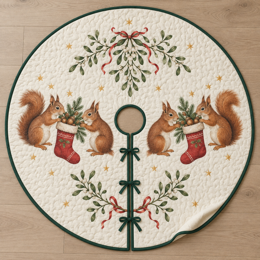 One ivory quilted tree skirt with four printed red squirrels, two acorn stockings, mistletoe, green binding, central opening and three ties