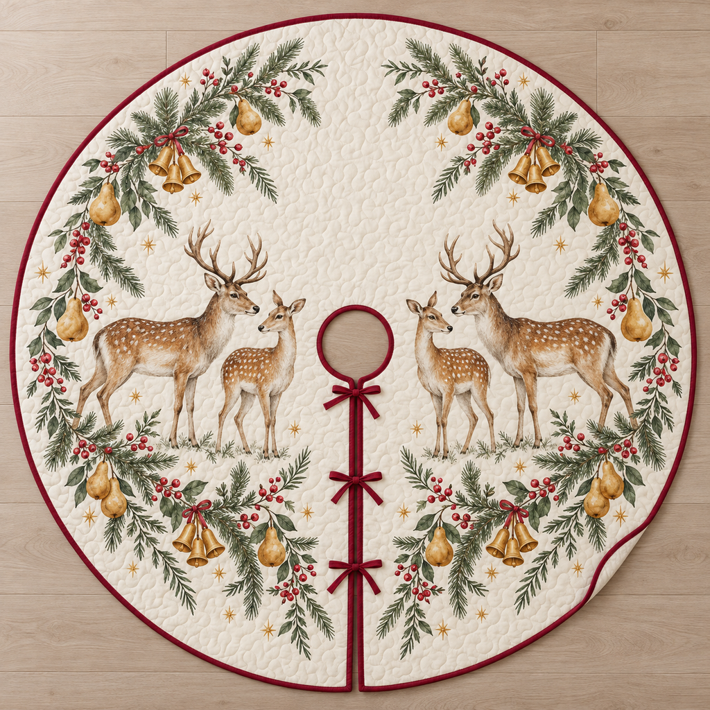 One ivory quilted tree skirt with four printed deer, pear fir bell garlands, cranberry binding, central opening and three ties