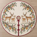One ivory quilted tree skirt with four printed deer, pear fir bell garlands, cranberry binding, central opening and three ties
