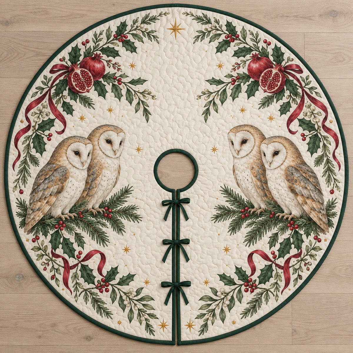 One ivory quilted tree skirt with four printed barn owls, holly pomegranate arches, evergreen binding, central opening and three ties
