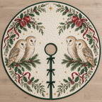 One ivory quilted tree skirt with four printed barn owls, holly pomegranate arches, evergreen binding, central opening and three ties