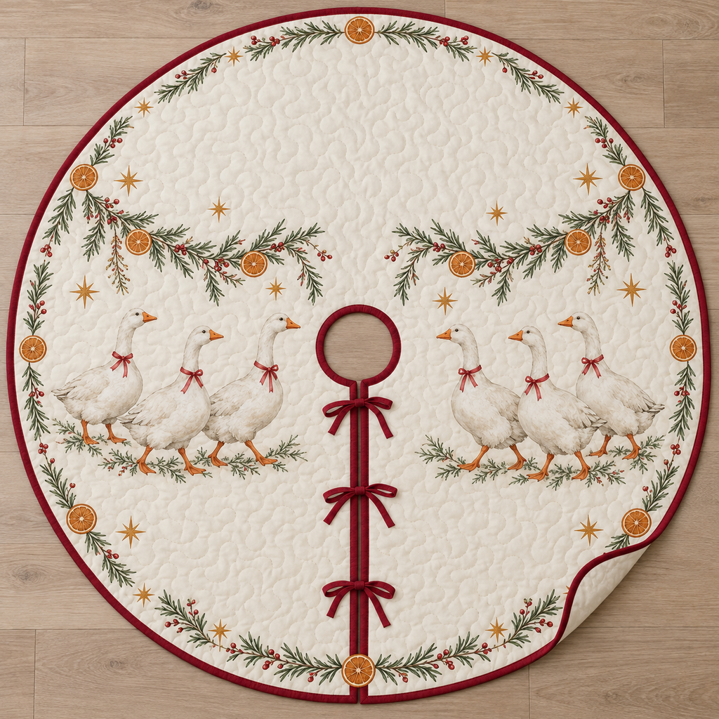 One ivory quilted tree skirt with six printed white geese, rosemary orange garlands, cranberry binding, central opening and three ties