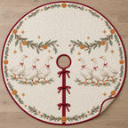 One ivory quilted tree skirt with six printed white geese, rosemary orange garlands, cranberry binding, central opening and three ties