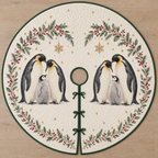 One ivory quilted tree skirt with two printed emperor penguin families, cranberry fir snowflake arches, green binding, center opening and three ties