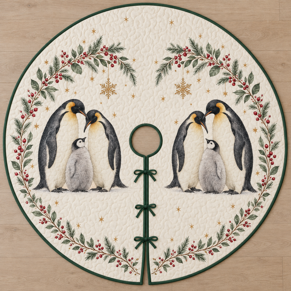 One ivory quilted tree skirt with two printed emperor penguin families, cranberry fir snowflake arches, green binding, center opening and three ties
