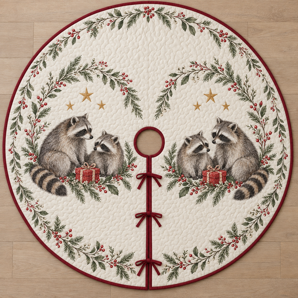 One ivory quilted tree skirt with two printed raccoon pairs and red gifts, cedar garlands, cranberry binding, central opening and three ties