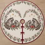 One ivory quilted tree skirt with two printed raccoon pairs and red gifts, cedar garlands, cranberry binding, central opening and three ties