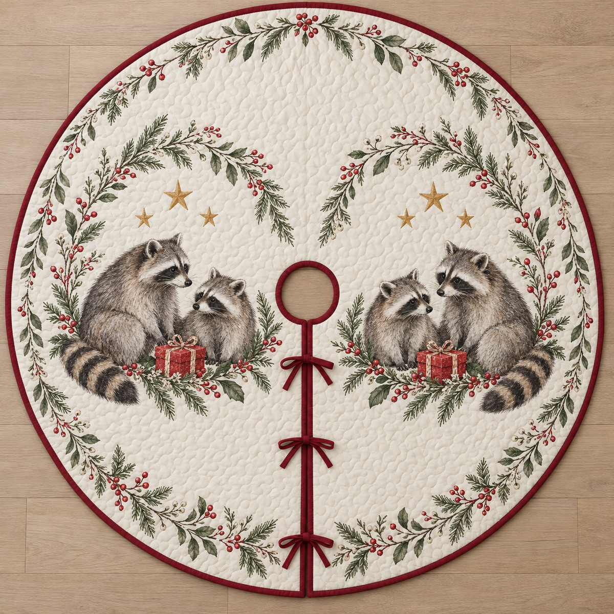 One ivory quilted tree skirt with two printed raccoon pairs and red gifts, cedar garlands, cranberry binding, central opening and three ties