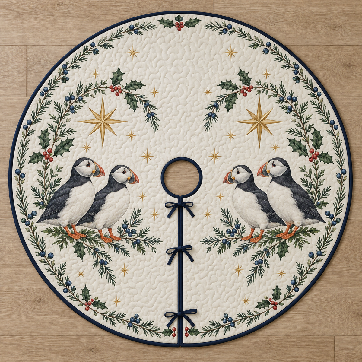 One ivory quilted tree skirt with two printed puffin pairs under holly juniper star arches, navy binding, center opening and three ties