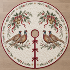 One ivory quilted tree skirt with two printed pheasant pairs under holly rosehip bells, cranberry binding, center opening and three ties