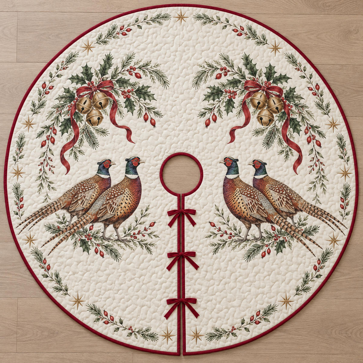 One ivory quilted tree skirt with two printed pheasant pairs under holly rosehip bells, cranberry binding, center opening and three ties