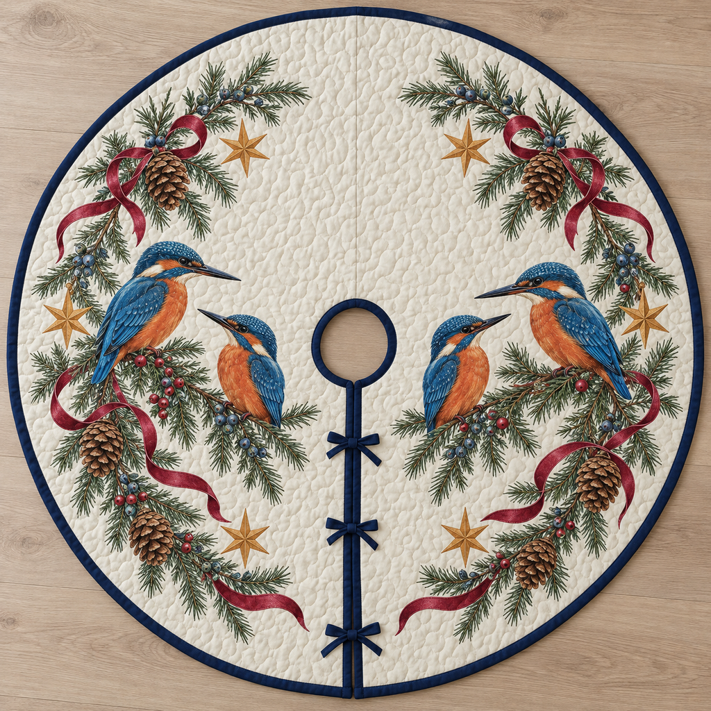 One ivory quilted tree skirt with four printed blue and orange kingfishers, pinecone juniper arches and six ochre stars, navy binding, center opening and three ties