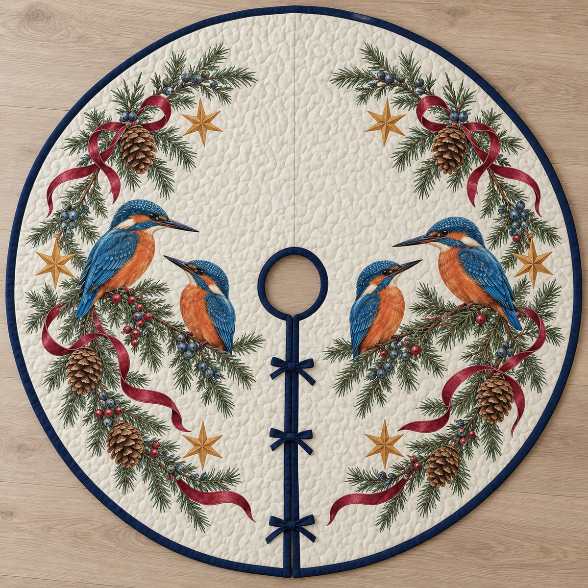 One ivory quilted tree skirt with four printed blue and orange kingfishers, pinecone juniper arches and six ochre stars, navy binding, center opening and three ties