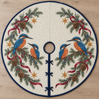 One ivory quilted tree skirt with four printed blue and orange kingfishers, pinecone juniper arches and six ochre stars, navy binding, center opening and three ties