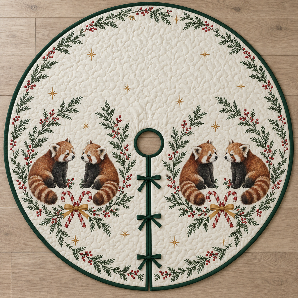 One ivory quilted tree skirt with four printed red pandas, cedar winterberry ovals and crossed candy canes, forest green binding, centered opening and three ties