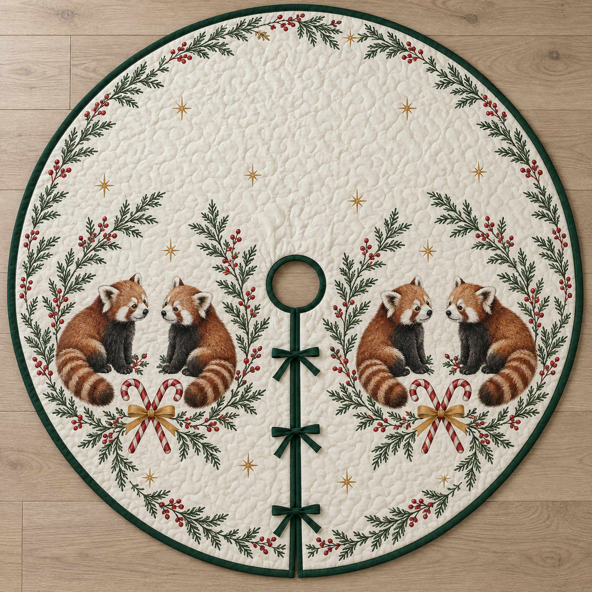 One ivory quilted tree skirt with four printed red pandas, cedar winterberry ovals and crossed candy canes, forest green binding, centered opening and three ties