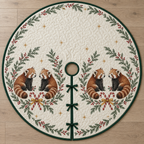 One ivory quilted tree skirt with four printed red pandas, cedar winterberry ovals and crossed candy canes, forest green binding, centered opening and three ties