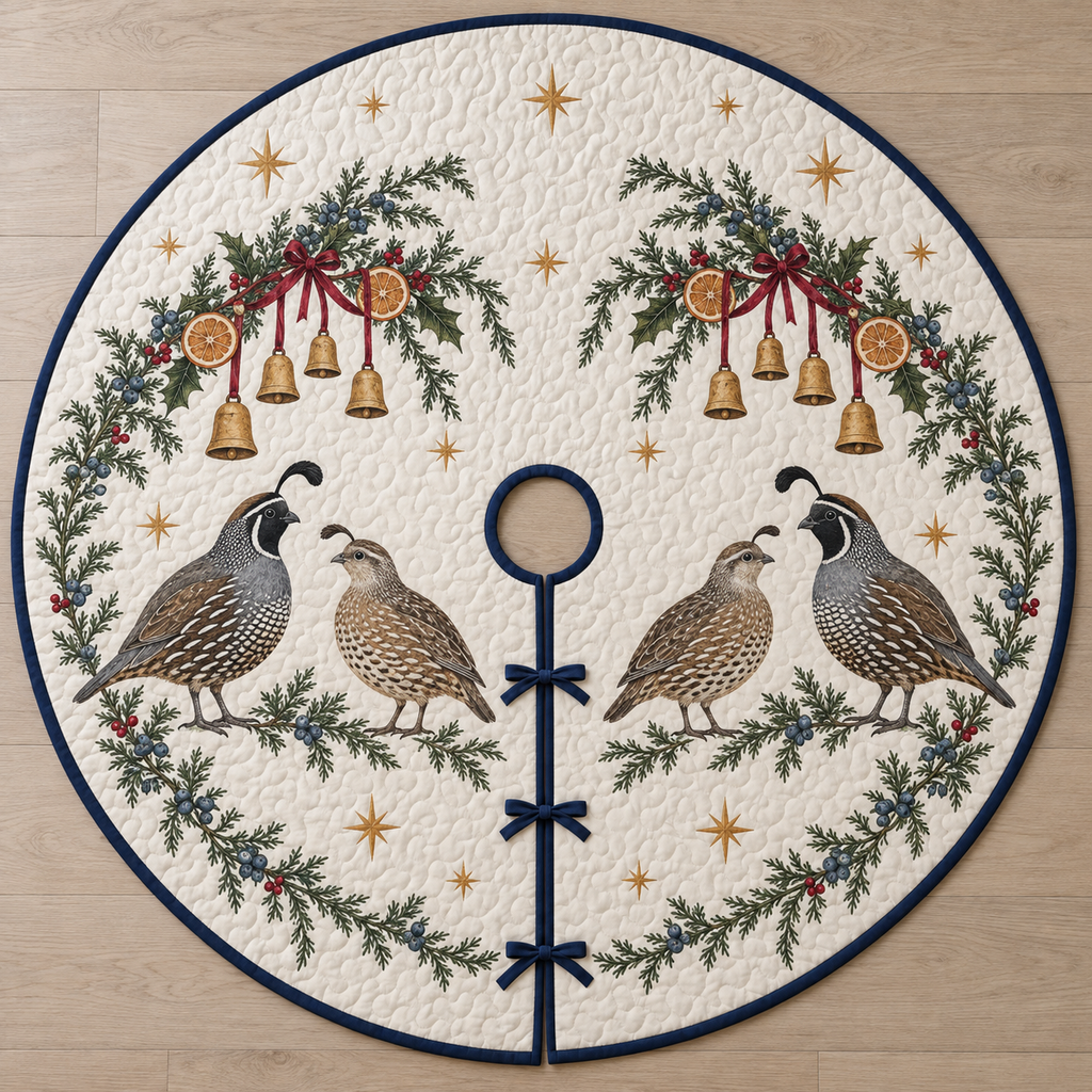 One ivory quilted tree skirt with two printed California quail pairs beneath juniper holly orange bell arches, navy binding, centered opening and three ties