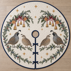 One ivory quilted tree skirt with two printed California quail pairs beneath juniper holly orange bell arches, navy binding, centered opening and three ties