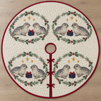 One ivory quilted tree skirt with eight printed spotted harbor seals, holly rosemary ovals, four navy gifts and twelve ochre stars, cranberry binding, centered opening and three ties