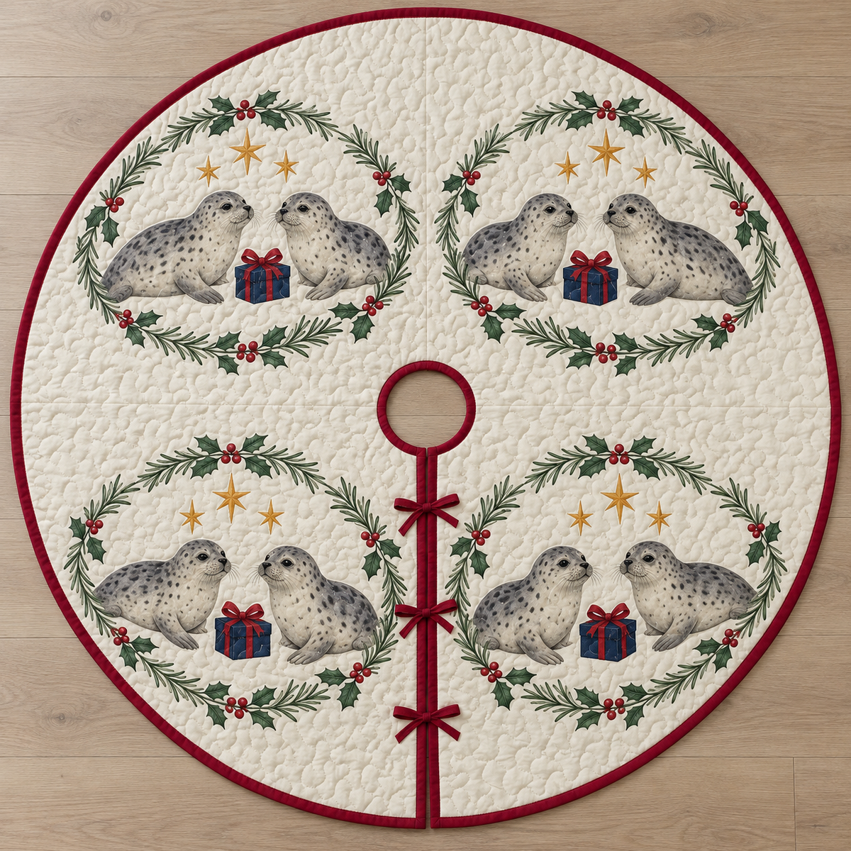 One ivory quilted tree skirt with eight printed spotted harbor seals, holly rosemary ovals, four navy gifts and twelve ochre stars, cranberry binding, centered opening and three ties