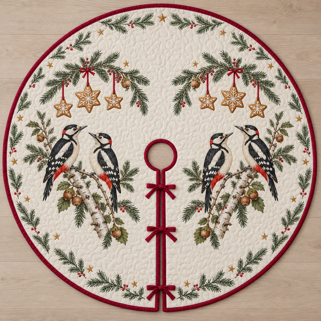 One ivory quilted tree skirt with four printed great spotted woodpeckers, fir hazelnut arches and six cookie stars, cranberry binding, centered opening and three ties