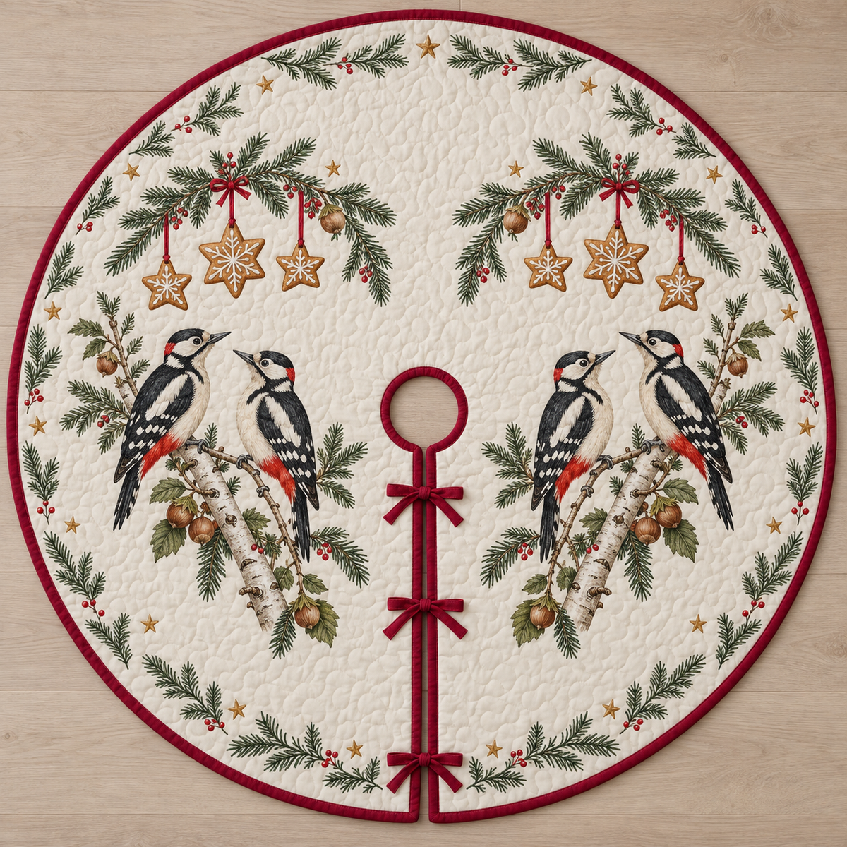One ivory quilted tree skirt with four printed great spotted woodpeckers, fir hazelnut arches and six cookie stars, cranberry binding, centered opening and three ties