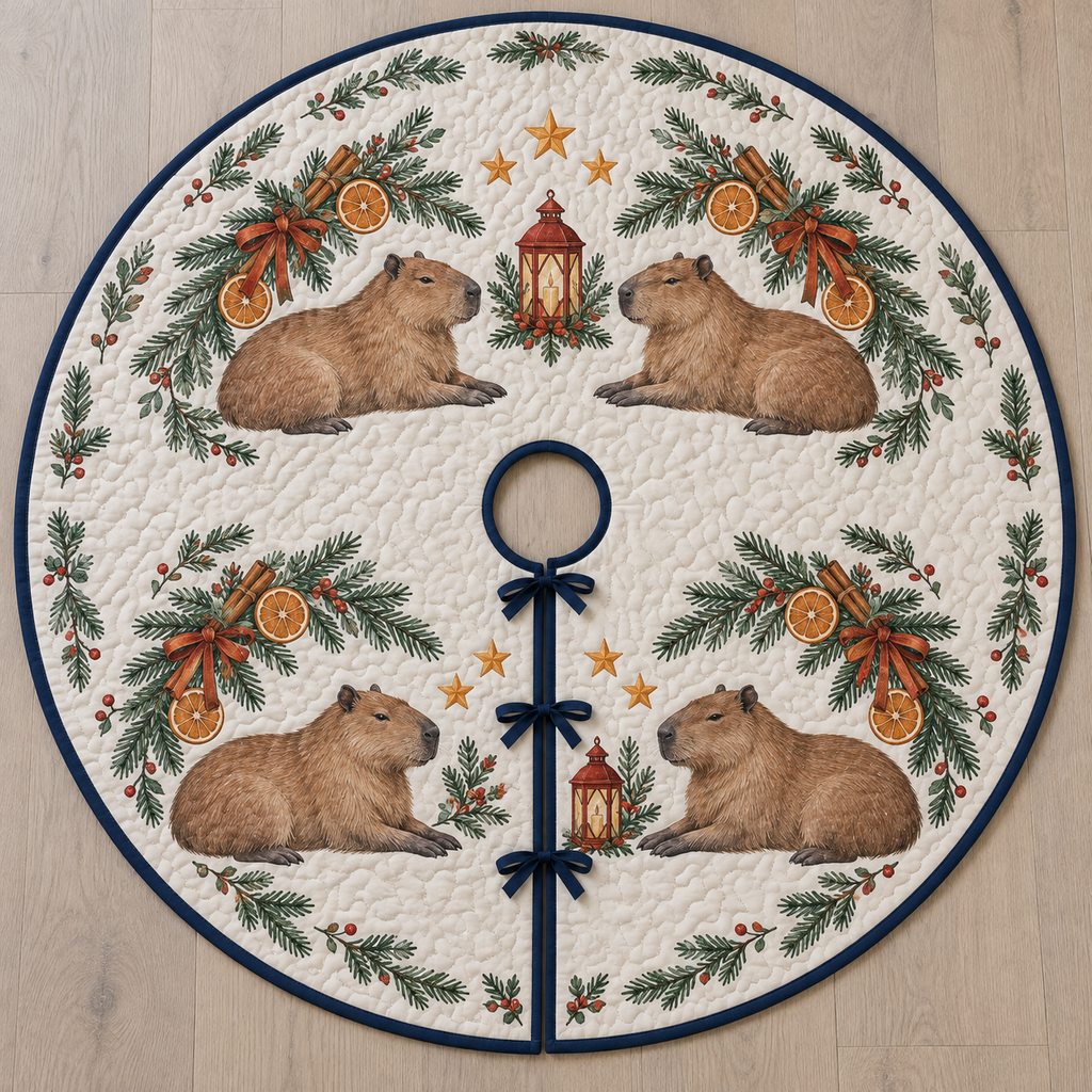 One ivory quilted tree skirt with four printed capybaras, fir orange cinnamon arches and two cranberry lanterns, navy binding, centered opening and three ties