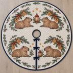 One ivory quilted tree skirt with four printed capybaras, fir orange cinnamon arches and two cranberry lanterns, navy binding, centered opening and three ties