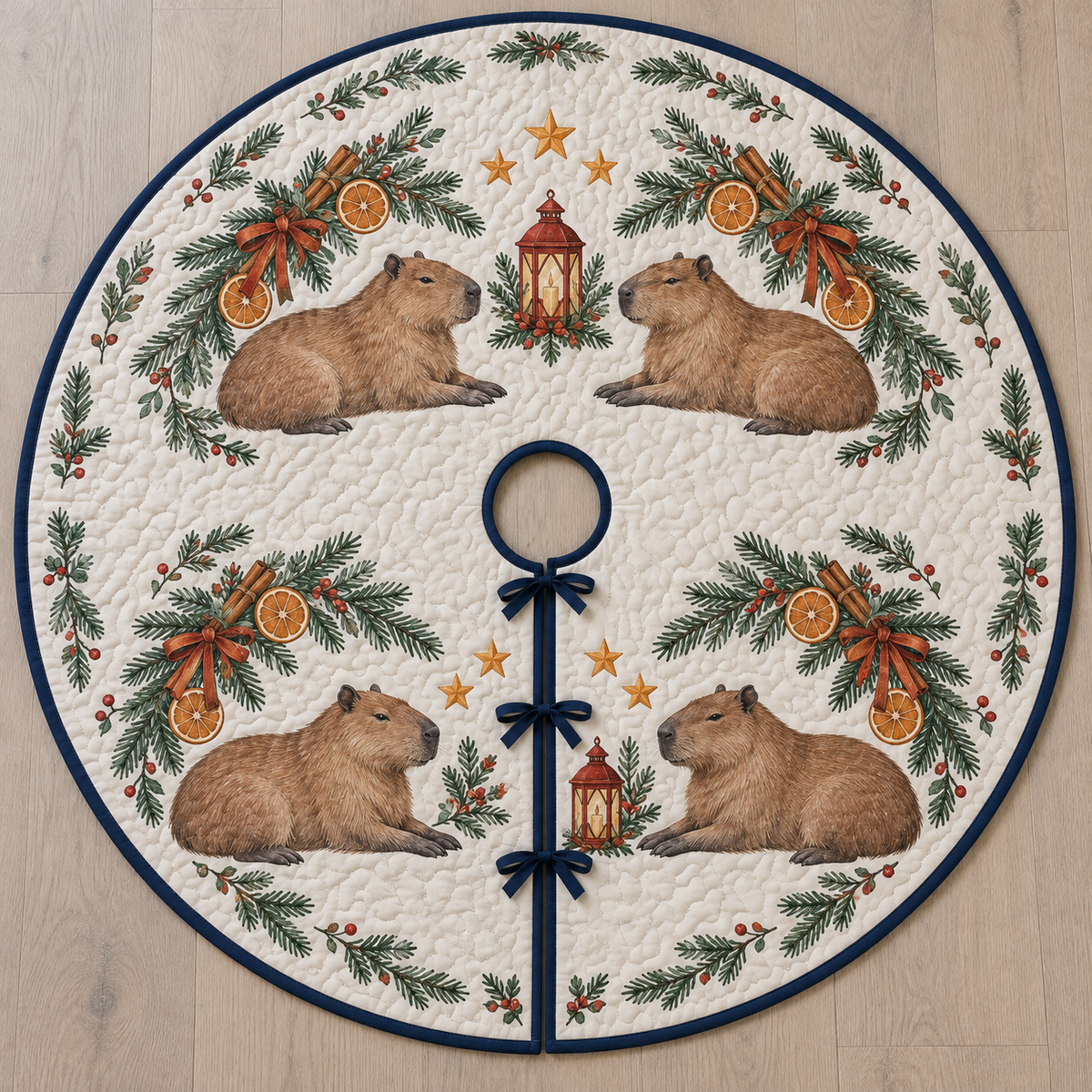 One ivory quilted tree skirt with four printed capybaras, fir orange cinnamon arches and two cranberry lanterns, navy binding, centered opening and three ties