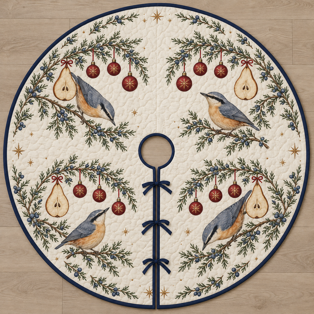 One ivory quilted tree skirt with four printed nuthatches, juniper pear arches and cranberry snowflake baubles, navy binding, centered opening and three ties