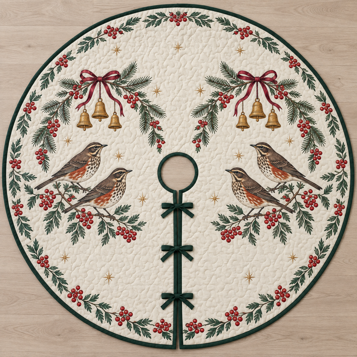 One ivory quilted tree skirt with four printed redwing thrushes, fir rowan berry arches and ochre bells, forest green binding, centered opening and three ties