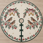One ivory quilted tree skirt with four printed redwing thrushes, fir rowan berry arches and ochre bells, forest green binding, centered opening and three ties