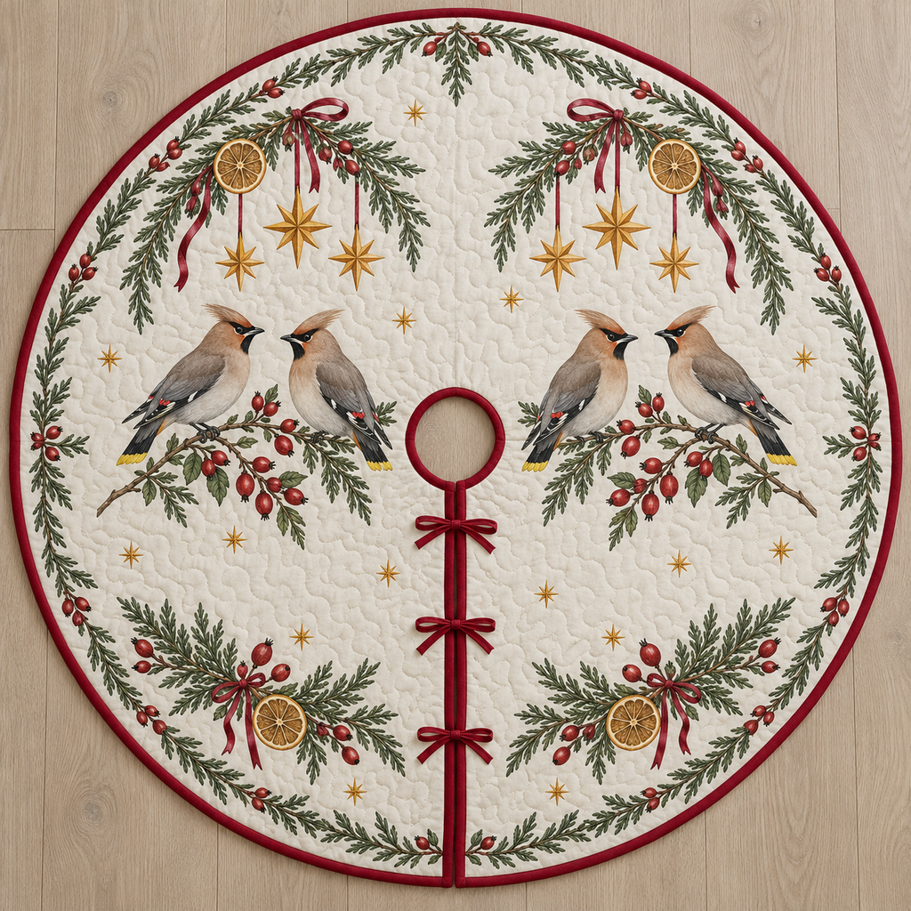 One ivory quilted tree skirt with four printed waxwings, cedar dried lemon arches and ochre stars, cranberry binding, centered opening and three ties