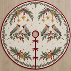 One ivory quilted tree skirt with four printed waxwings, cedar dried lemon arches and ochre stars, cranberry binding, centered opening and three ties