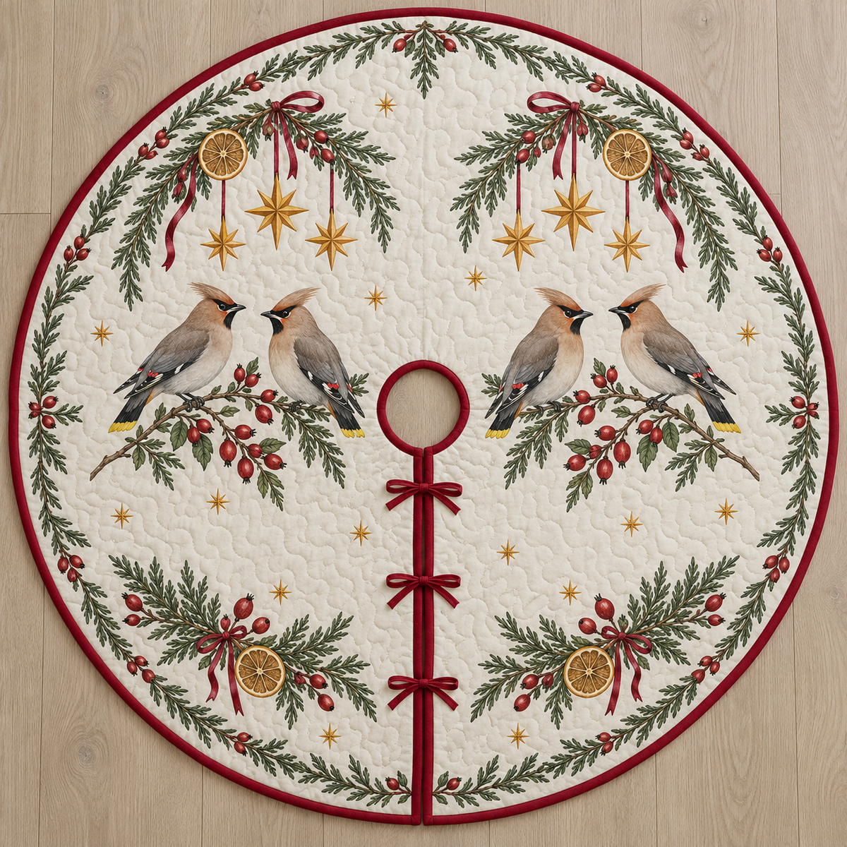 One ivory quilted tree skirt with four printed waxwings, cedar dried lemon arches and ochre stars, cranberry binding, centered opening and three ties