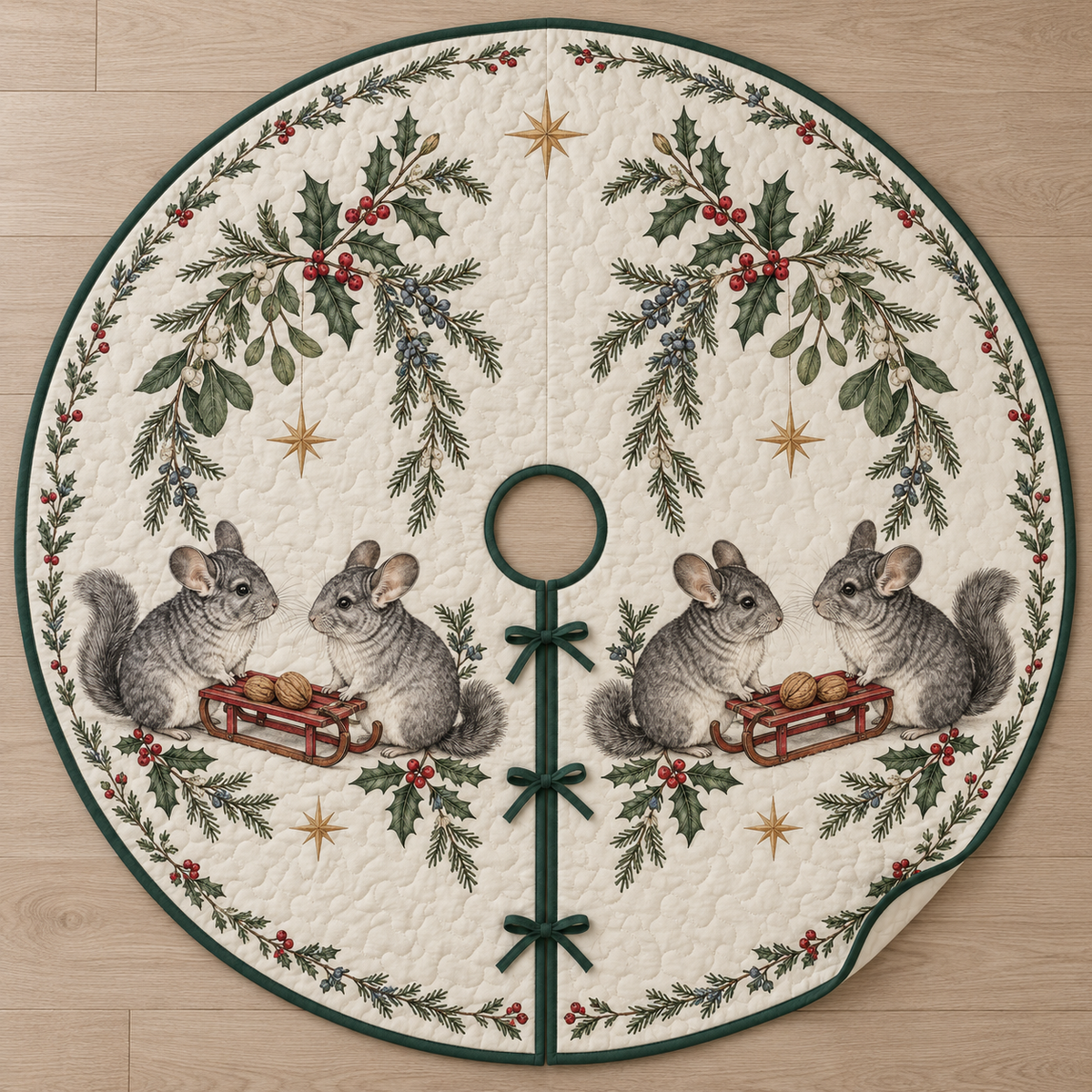 One ivory quilted circular tree skirt with paired gray chinchillas, walnut sleds and mistletoe juniper arches, green binding, centered opening and radial slit with ties