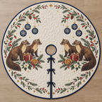 One ivory quilted circular tree skirt with four pine martens, cranberry gifts, orange slices and navy snowflake baubles, navy binding centered opening radial slit and ties