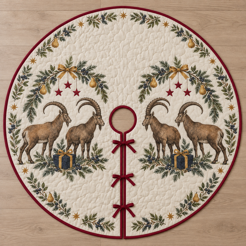 One ivory quilted circular tree skirt with four Alpine ibex, navy gifts, pear fir juniper arches and cranberry stars, cranberry binding centered opening slit and ties