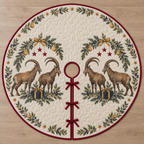 One ivory quilted circular tree skirt with four Alpine ibex, navy gifts, pear fir juniper arches and cranberry stars, cranberry binding centered opening slit and ties