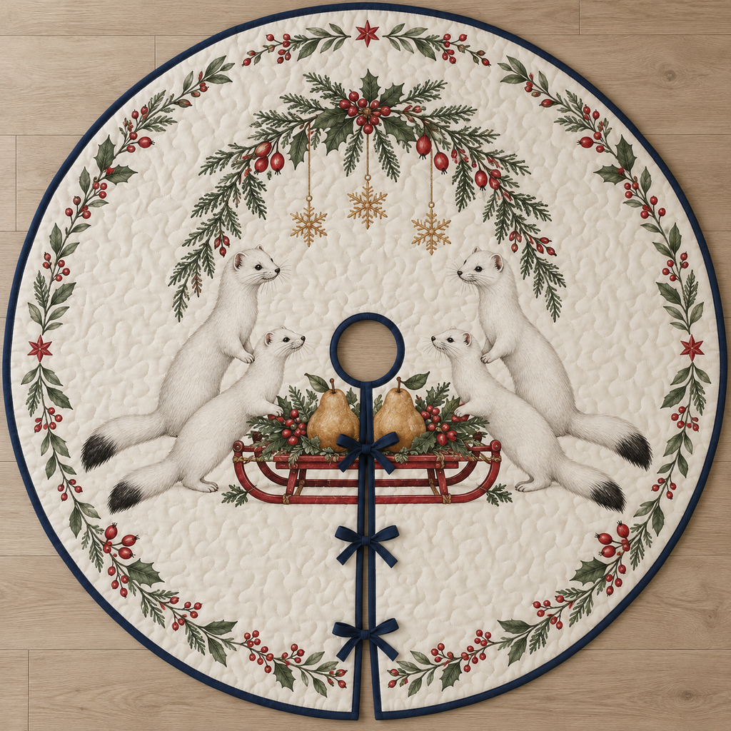 One ivory quilted circular tree skirt with four white stoats, a pear sled, cedar holly rosehip arch and ochre snowflake stars, navy binding centered opening slit and ties