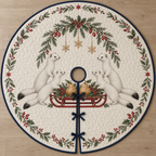One ivory quilted circular tree skirt with four white stoats, a pear sled, cedar holly rosehip arch and ochre snowflake stars, navy binding centered opening slit and ties