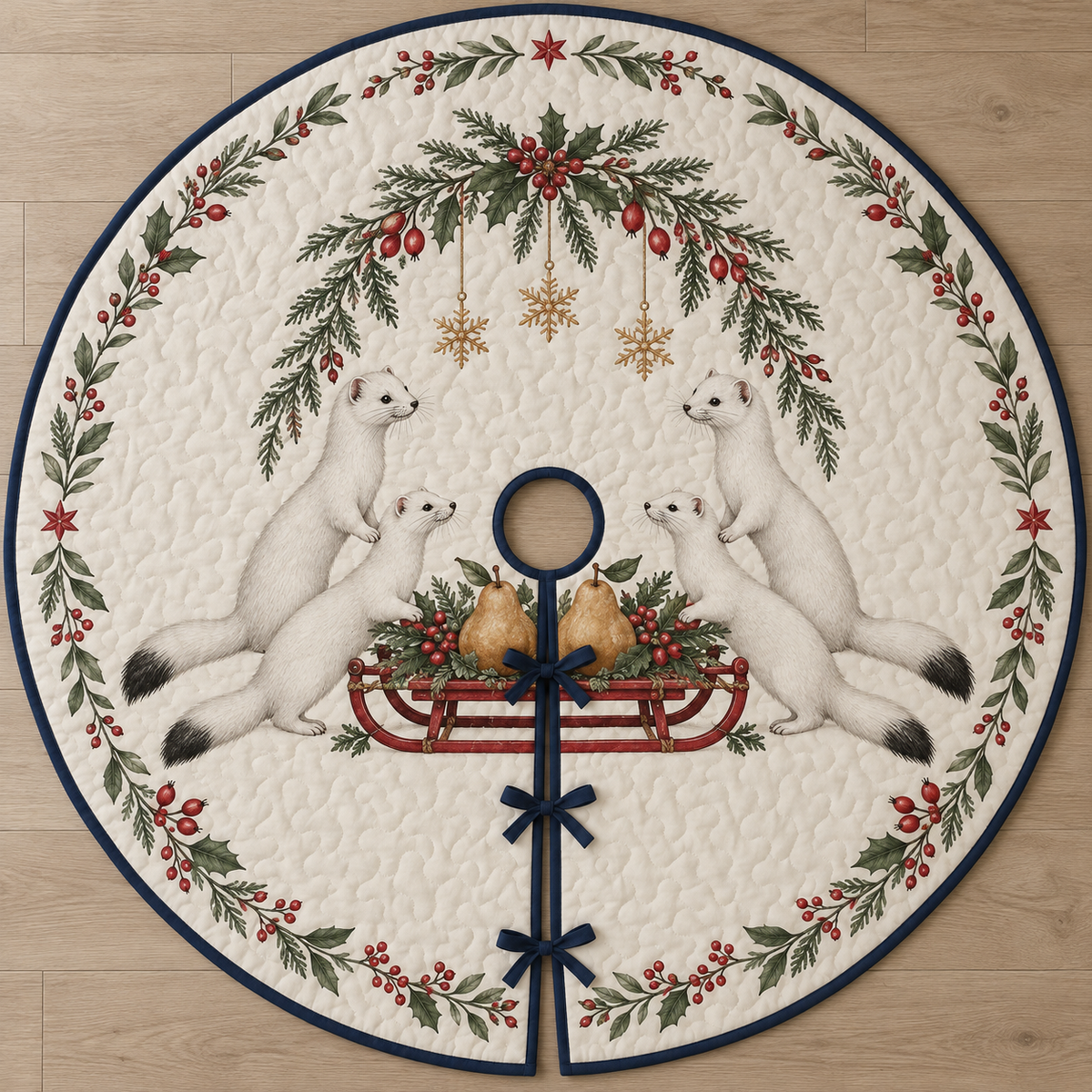 One ivory quilted circular tree skirt with four white stoats, a pear sled, cedar holly rosehip arch and ochre snowflake stars, navy binding centered opening slit and ties