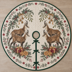One ivory quilted circular tree skirt with four Alpine chamois, cranberry gifts, orange slices juniper mistletoe arches and ochre bells, green binding centered opening slit and ties