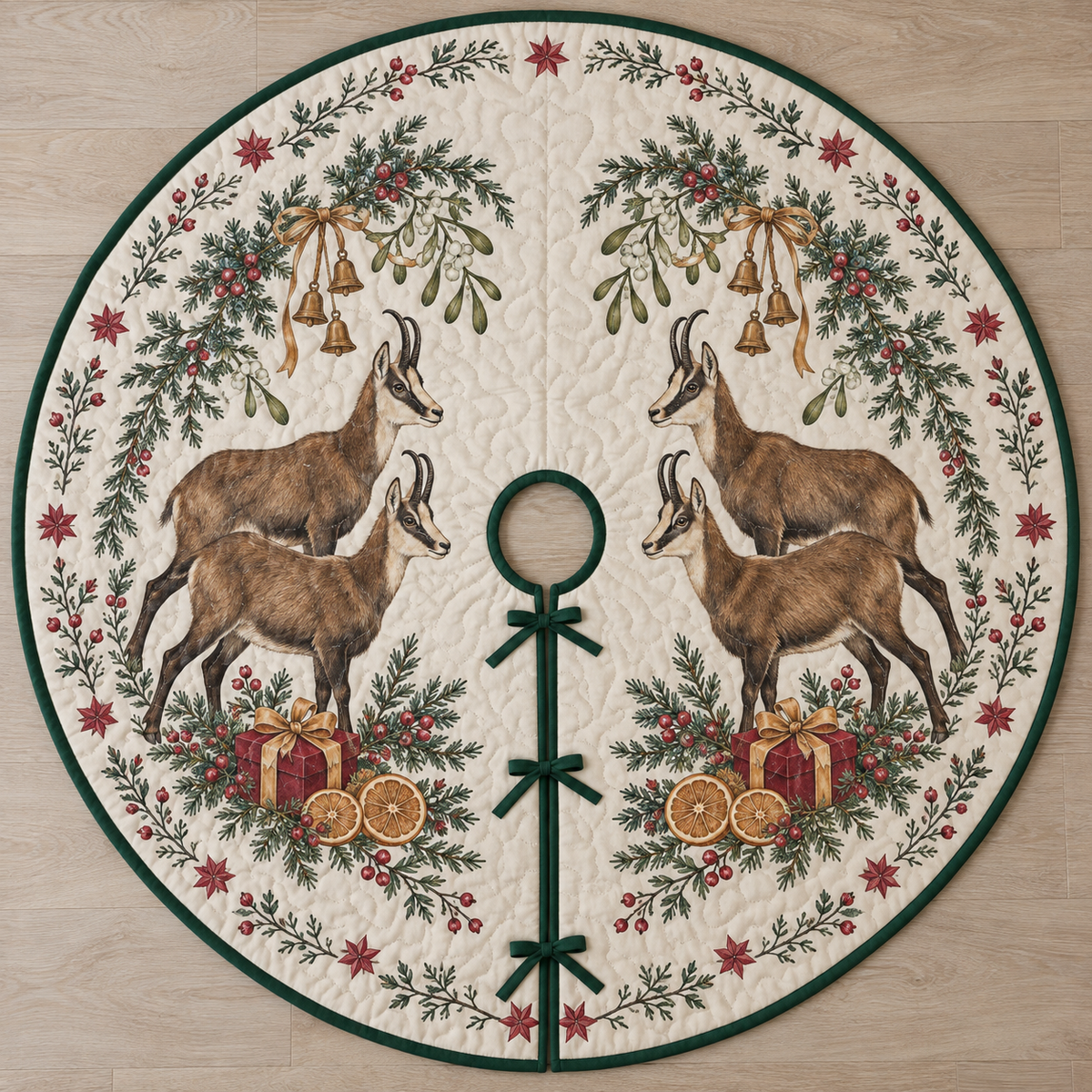 One ivory quilted circular tree skirt with four Alpine chamois, cranberry gifts, orange slices juniper mistletoe arches and ochre bells, green binding centered opening slit and ties