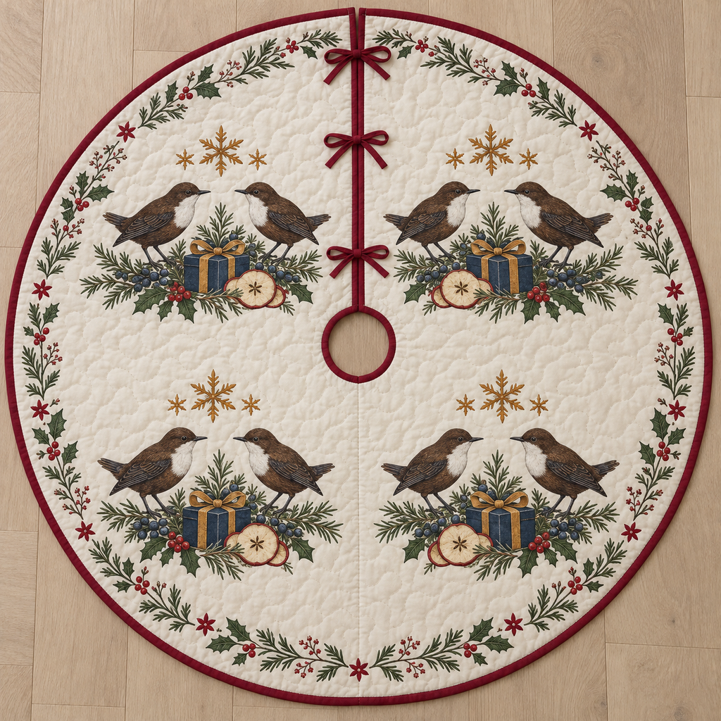 One ivory quilted circular tree skirt with eight white-throated dippers in four pairs, navy gifts, apple slices juniper holly sprigs and ochre snowflake stars, cranberry binding centered opening slit and three ties